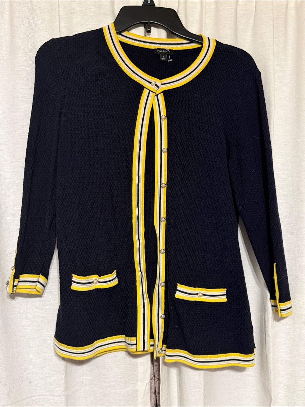 Talbots Navy Cardigan with Yellow & White Trim